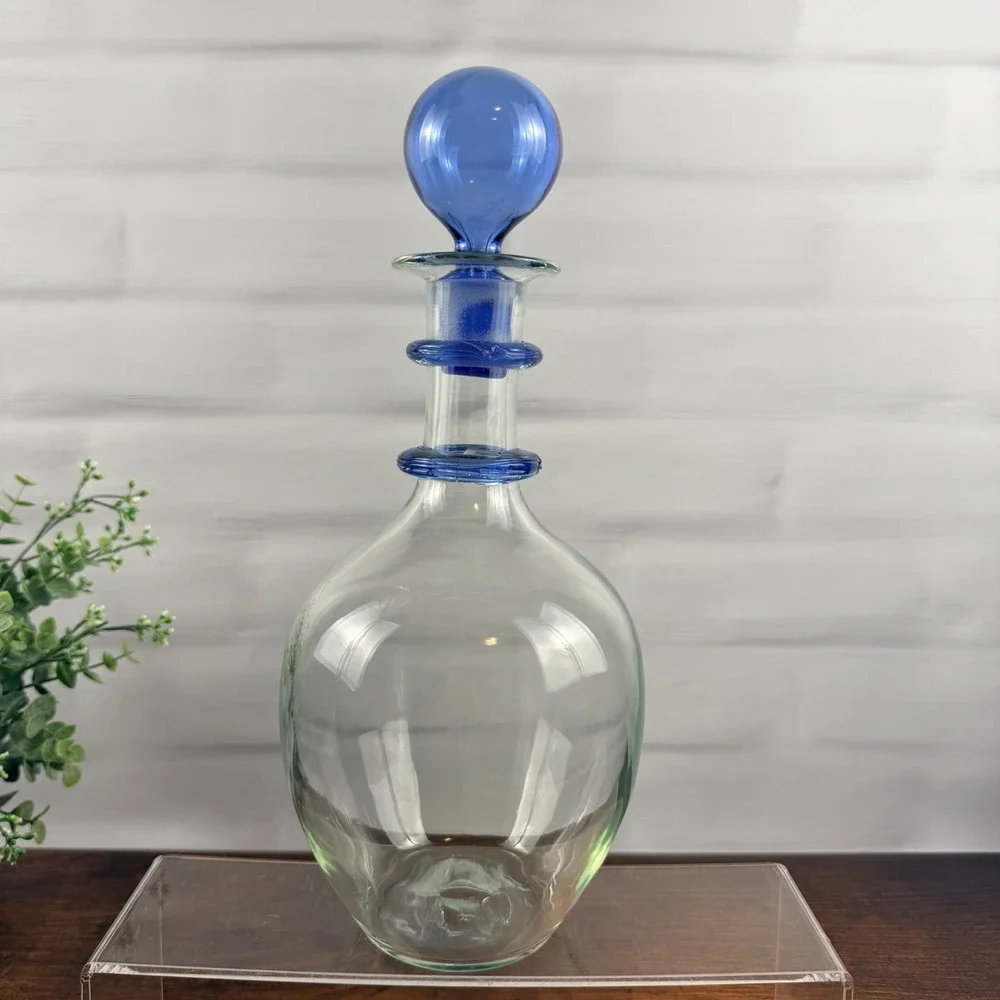 Blenko 3751D Ring Decanter Sky Blue Crystal Glass Ball Stopper